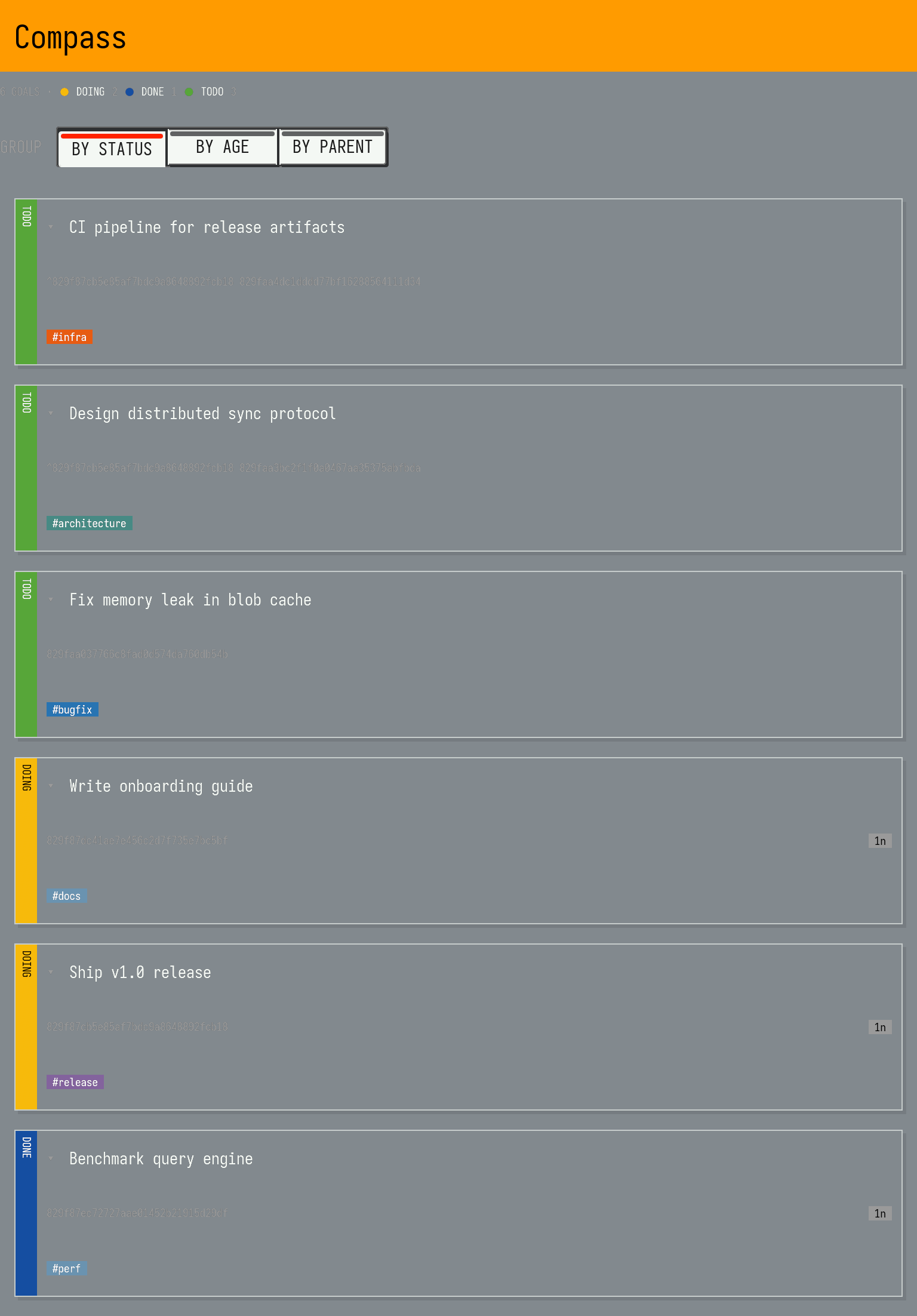 Compass kanban board with goals and status tags