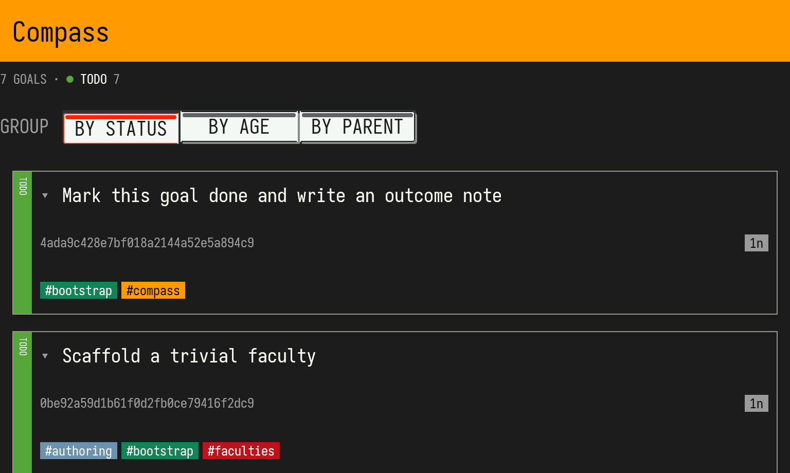 Compass board with goals and status tags